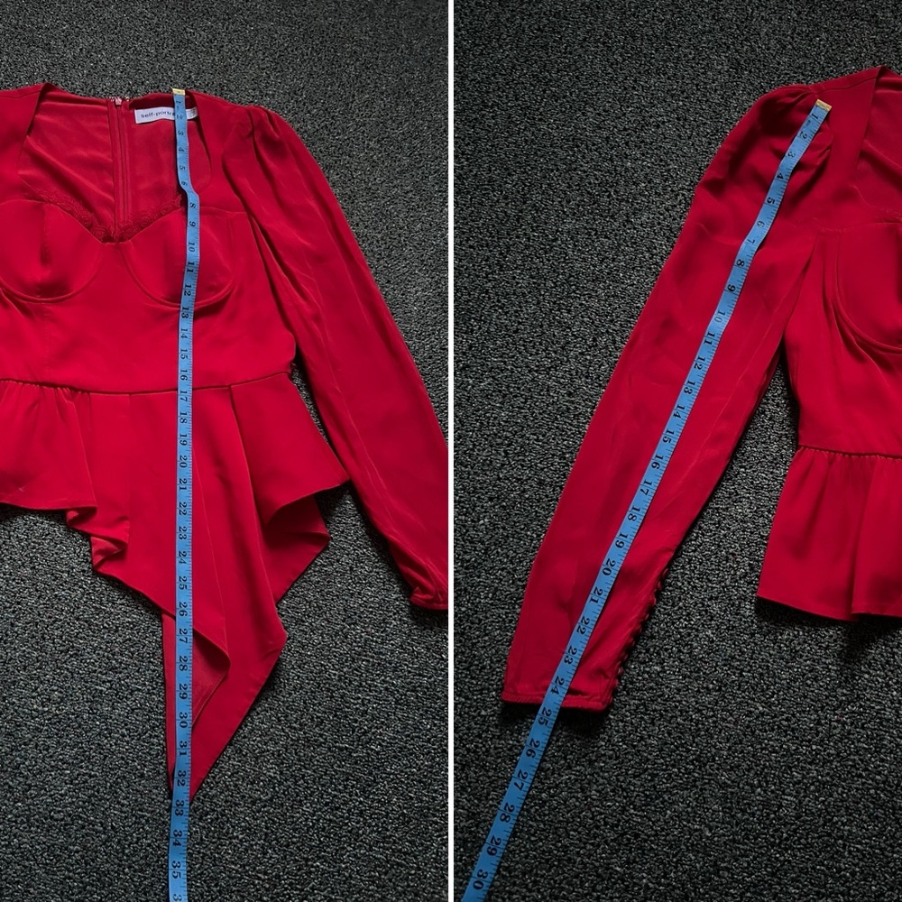 SELF PORTRAIT Red Crepe Peplum Corset Bustier Top Shirt Long-Sleeve Formal Sz 8 - Picture 15 of 16